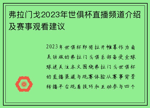 弗拉门戈2023年世俱杯直播频道介绍及赛事观看建议